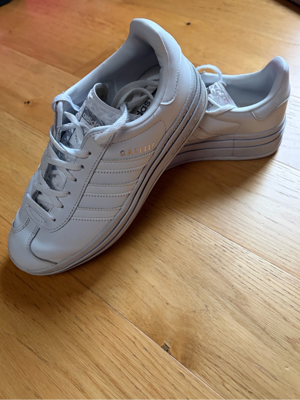 adidas Triple White Gazelle Leather Women's Sneakers with Subtle Gold Logo